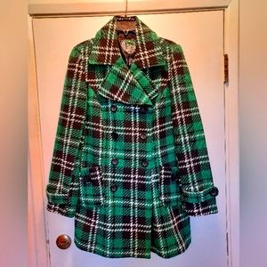 NWOT Tilly's Tweed Green / Black / White Plaid Coat / Trench - Large beautiful!